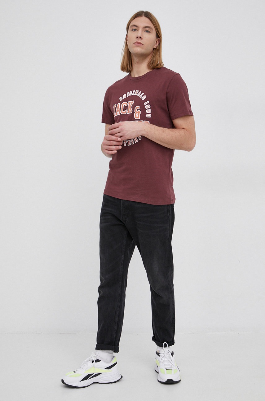 

Бавовняна футболка Jack & Jones колір коричневий з принтом