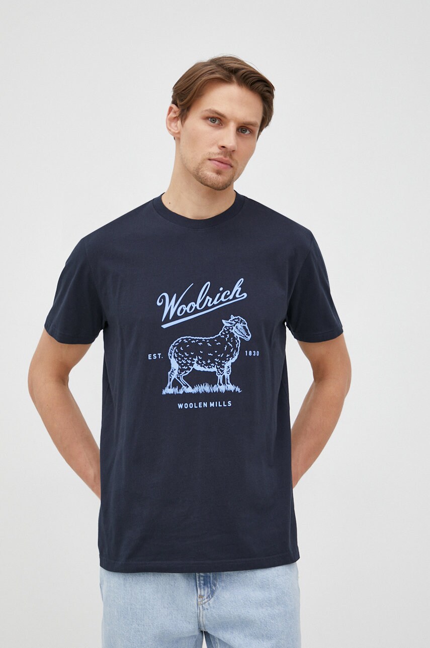 Woolrich tricou din bumbac culoarea albastru marin, cu imprimeu