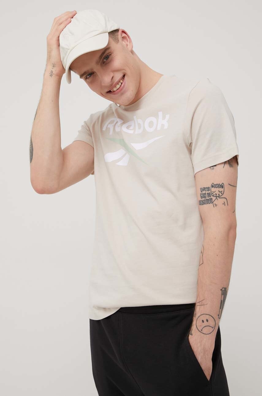 Reebok tricou din bumbac culoarea bej, cu imprimeu
