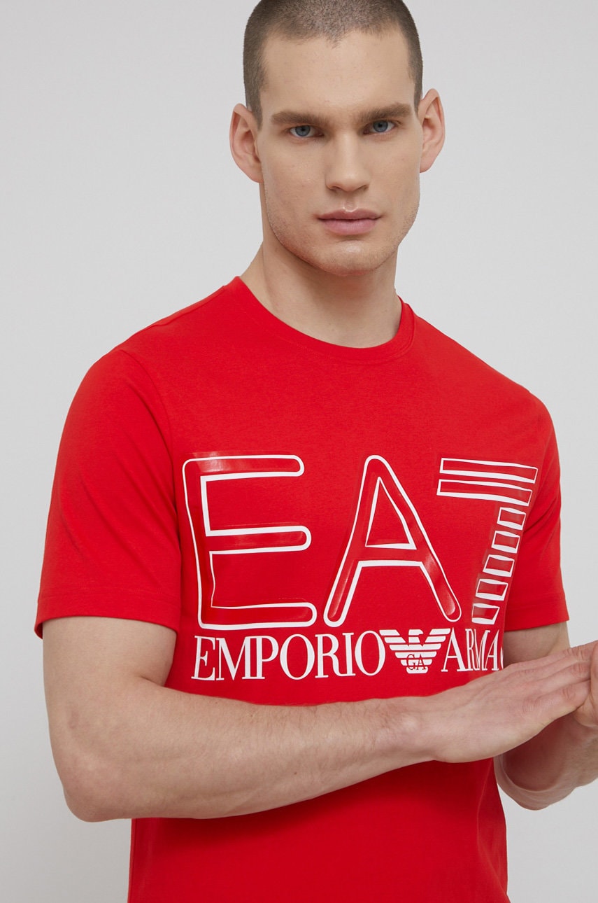 Ea7 emporio armani tricou din bumbac culoarea rosu, material neted