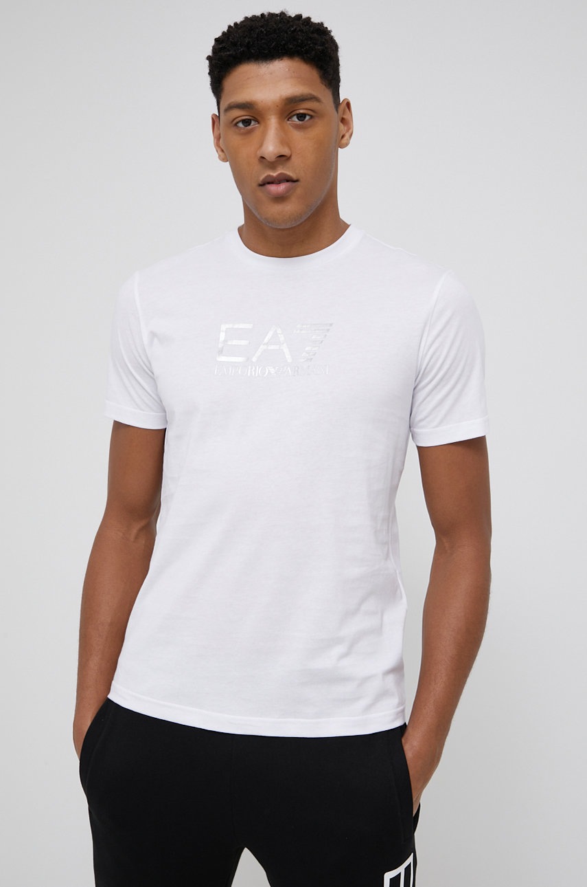 

Памучна тениска EA7 Emporio Armani в бяло с принт, Бял