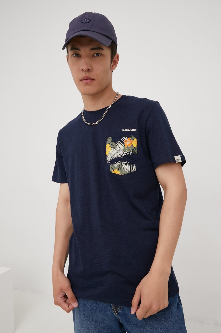 

Памучна тениска Jack & Jones в тъмносиньо с принт, Тъмносин