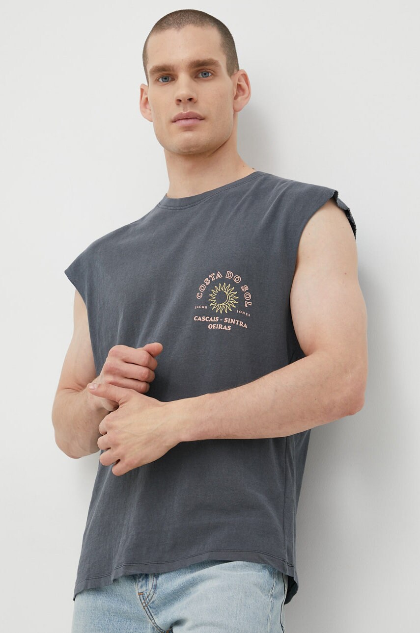 

Памучна тениска Jack & Jones в сиво с принт, Сив