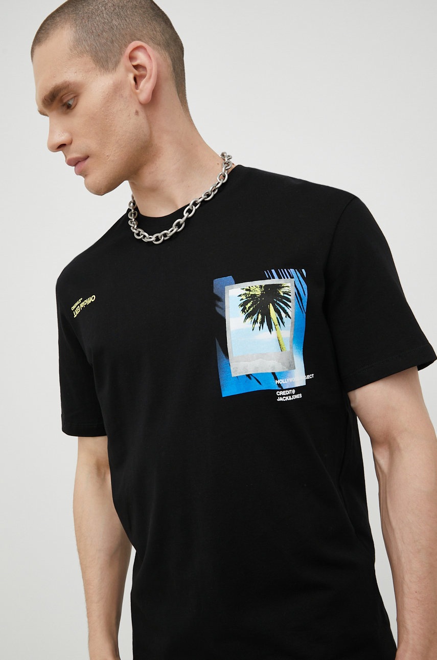 

Памучна тениска Jack & Jones в черно с принт, Черен