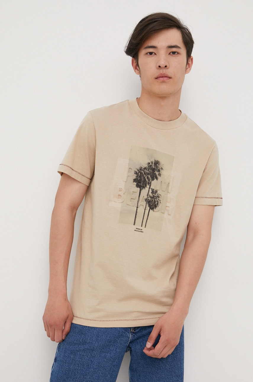 

Памучна тениска Premium by Jack&Jones в бежово с принт, Бежов