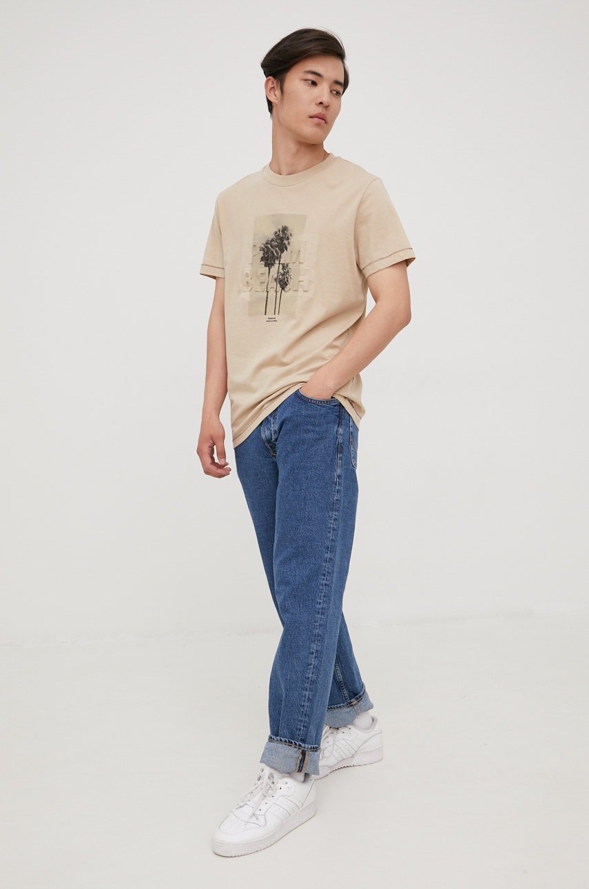 

Хлопковая футболка Premium by Jack&Jones цвет бежевый с принтом