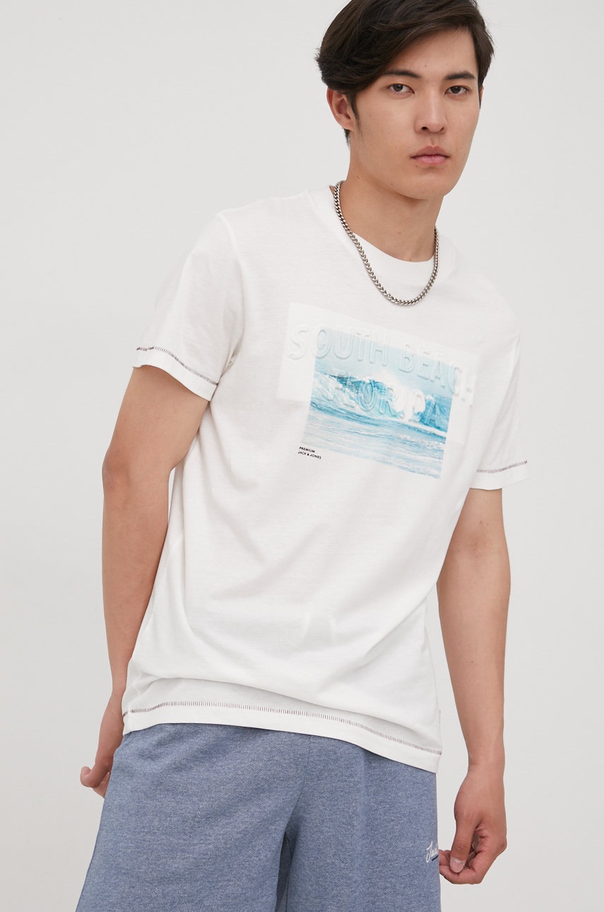 

Хлопковая футболка Premium by Jack&Jones цвет бежевый с принтом
