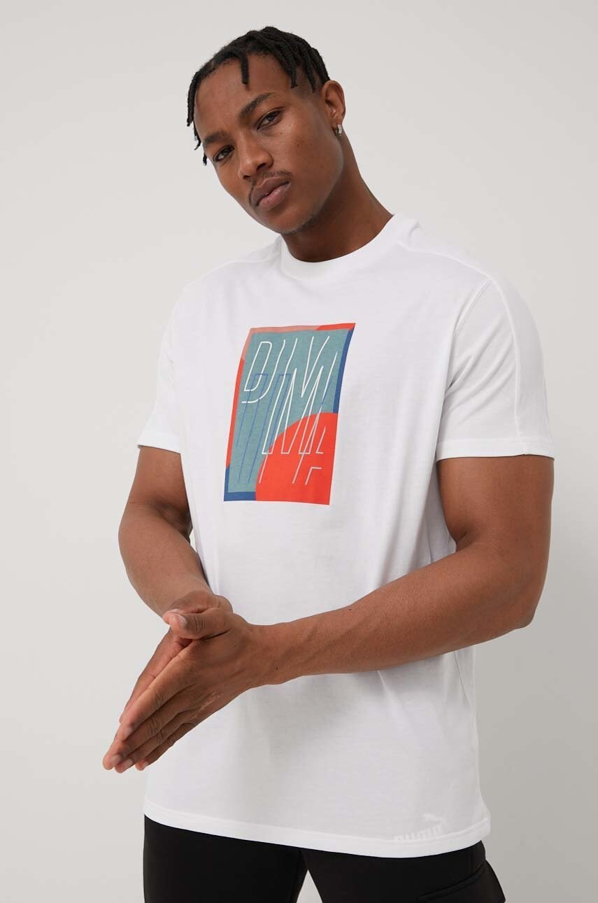 Puma tricou din bumbac 534216 culoarea alb, cu imprimeu