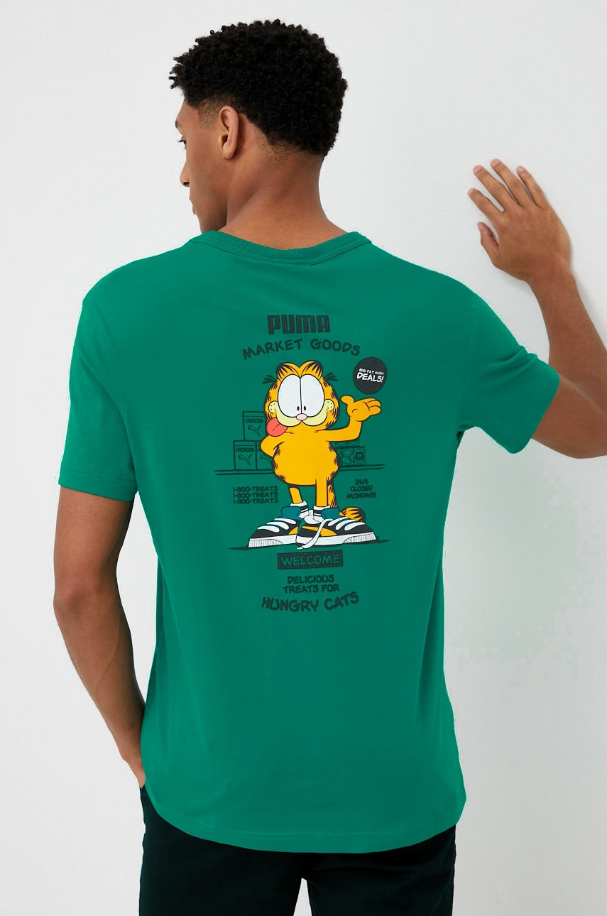 

Памучна тениска Puma Puma X Garfield 534433 в зелено с принт, Зелен