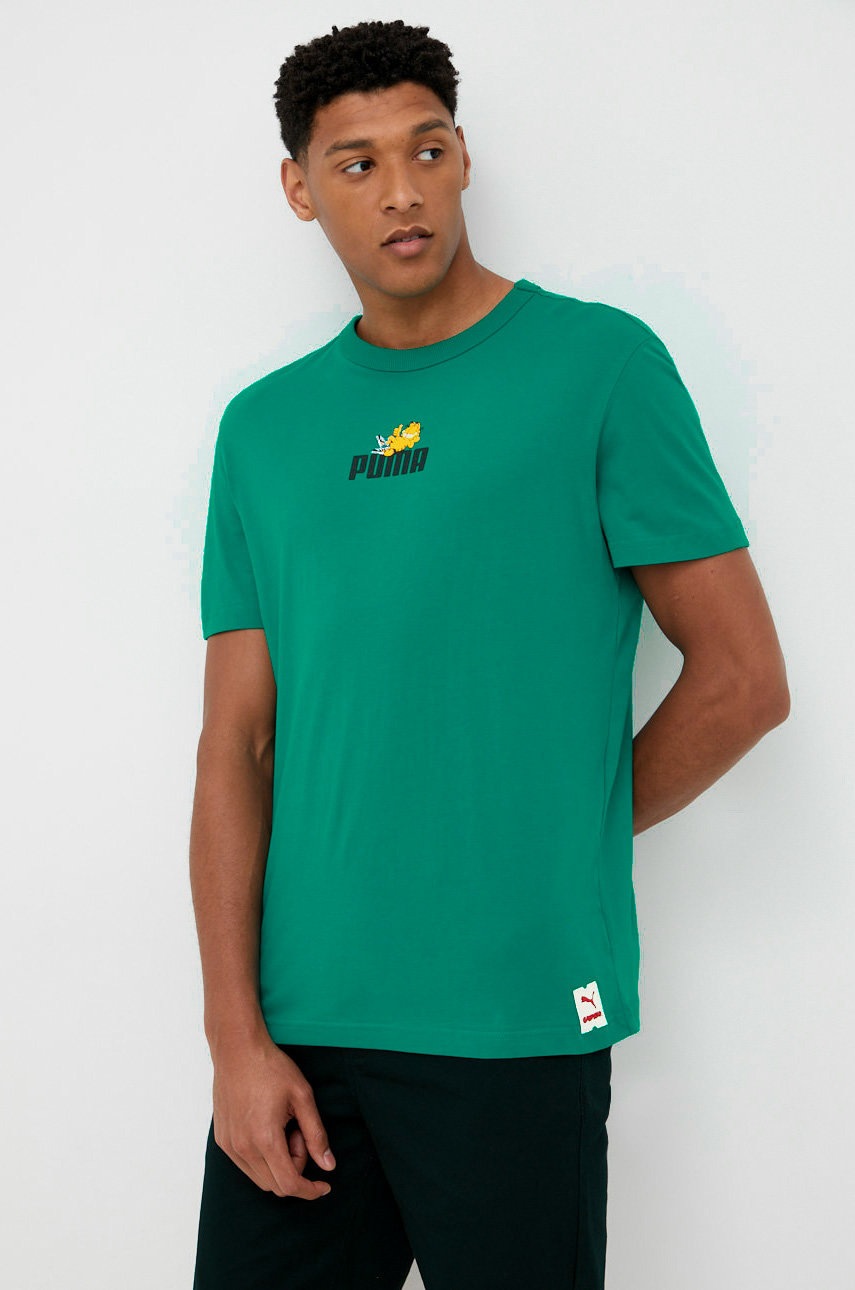 

Бавовняна футболка Puma Puma X Garfield 534433 колір зелений з принтом