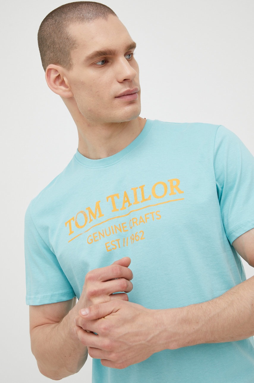 

Памучна тениска Tom Tailor в тюркоазено с принт, Тюркоазен