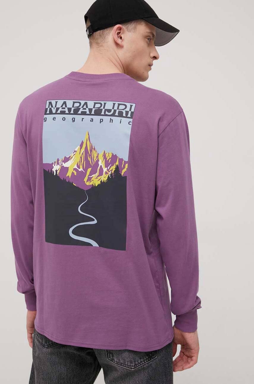 Napapijri longsleeve din bumbac culoarea violet, cu imprimeu