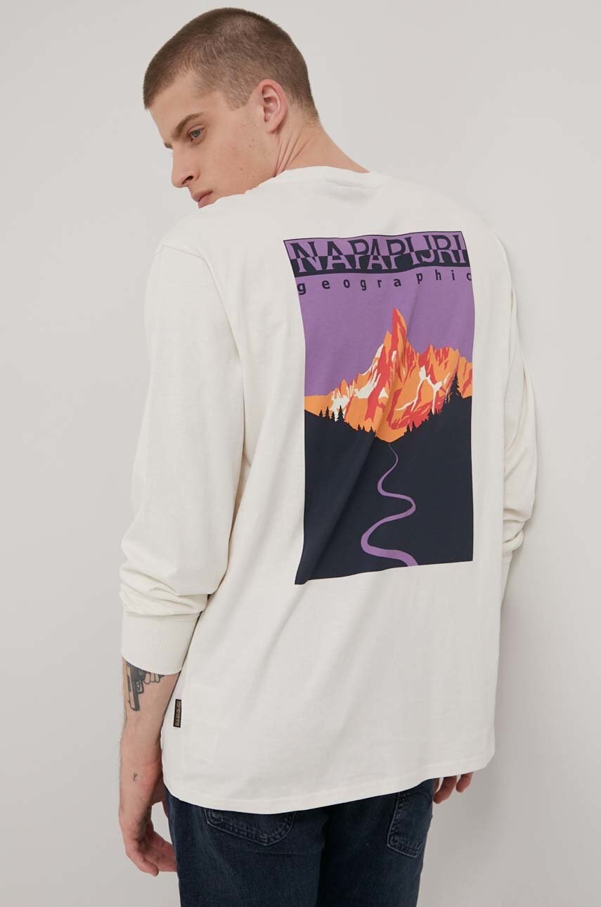 Napapijri longsleeve din bumbac culoarea bej, cu imprimeu