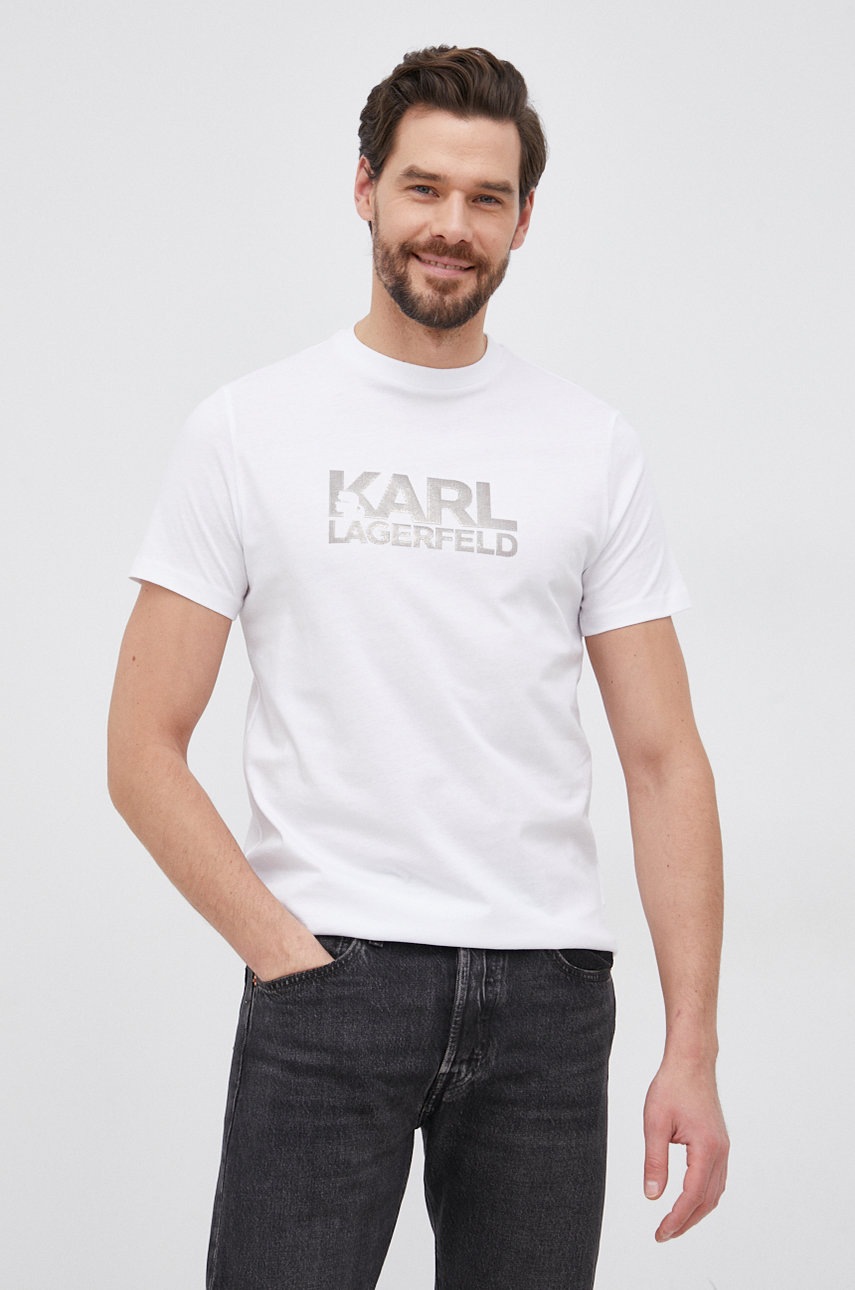 

Памучна тениска Karl Lagerfeld в бяло с апликация, Бял