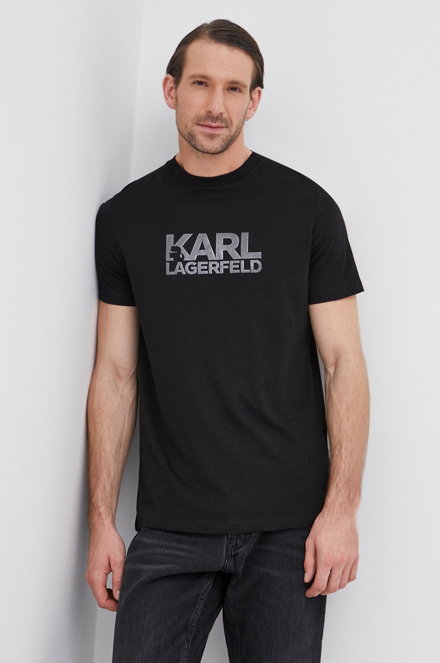 

Памучна тениска Karl Lagerfeld в черно с апликация, Черен