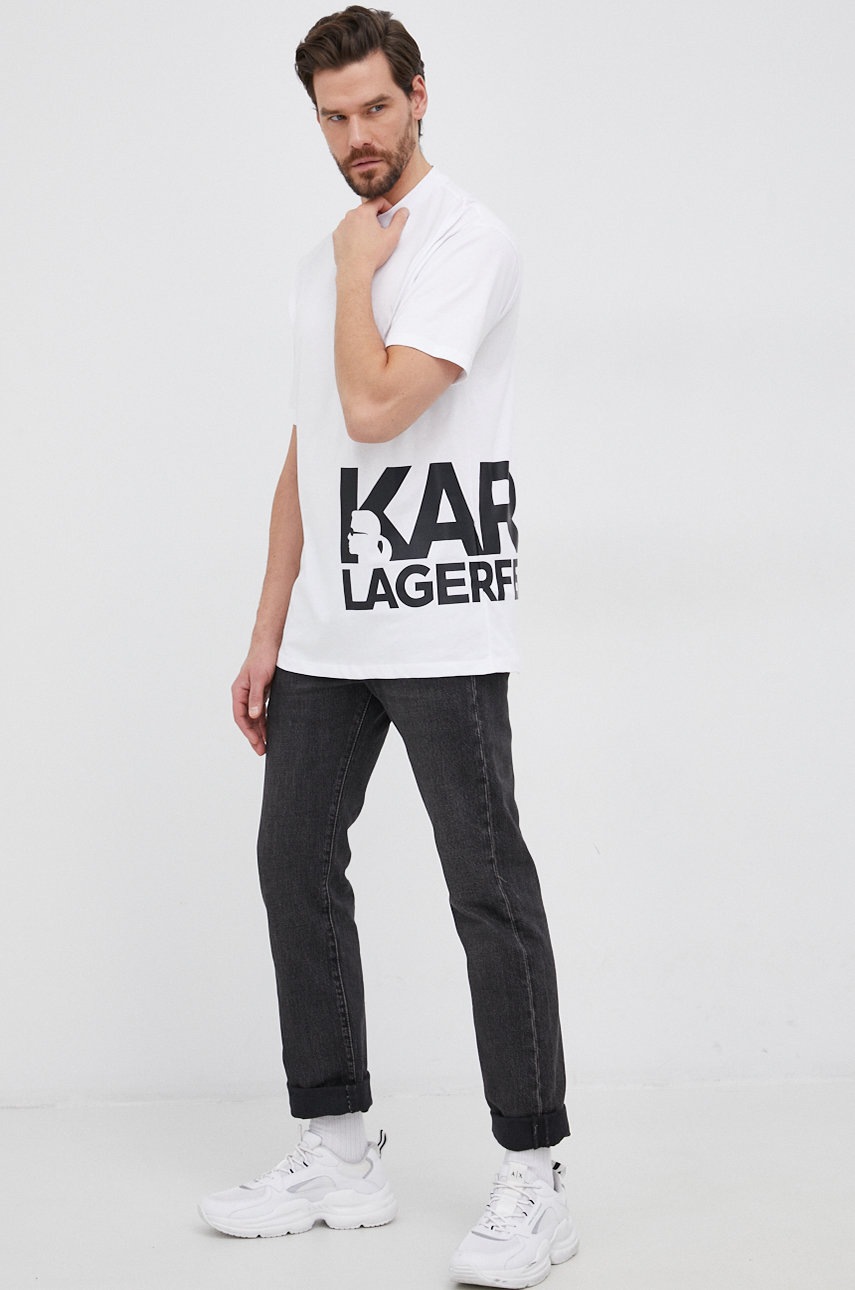 

Памучна тениска Karl Lagerfeld в бяло с принт, Бял