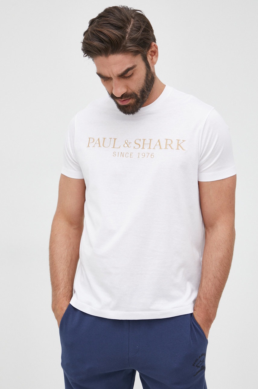 

Памучна тениска Paul&Shark в бяло с апликация, Бял