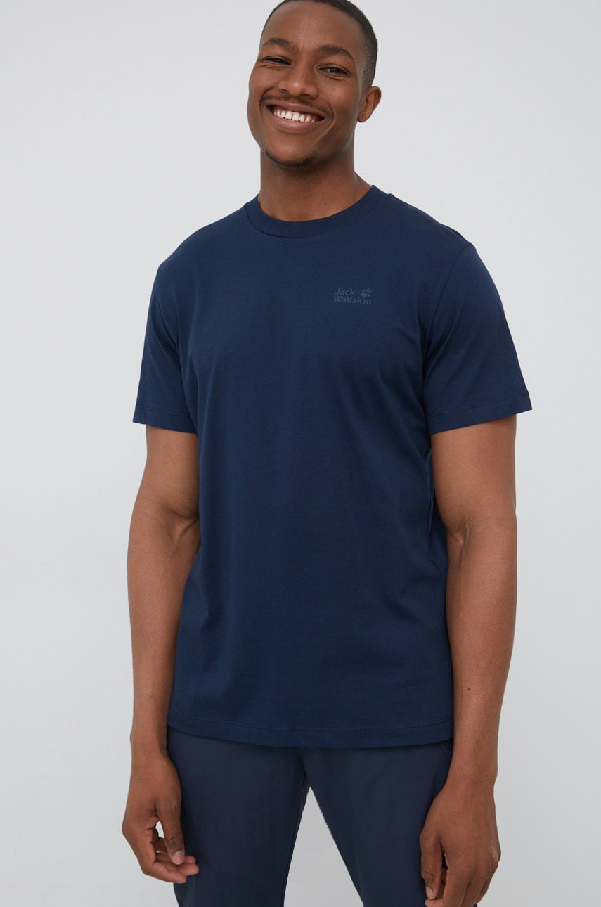 Jack Wolfskin tricou din bumbac culoarea albastru marin, neted