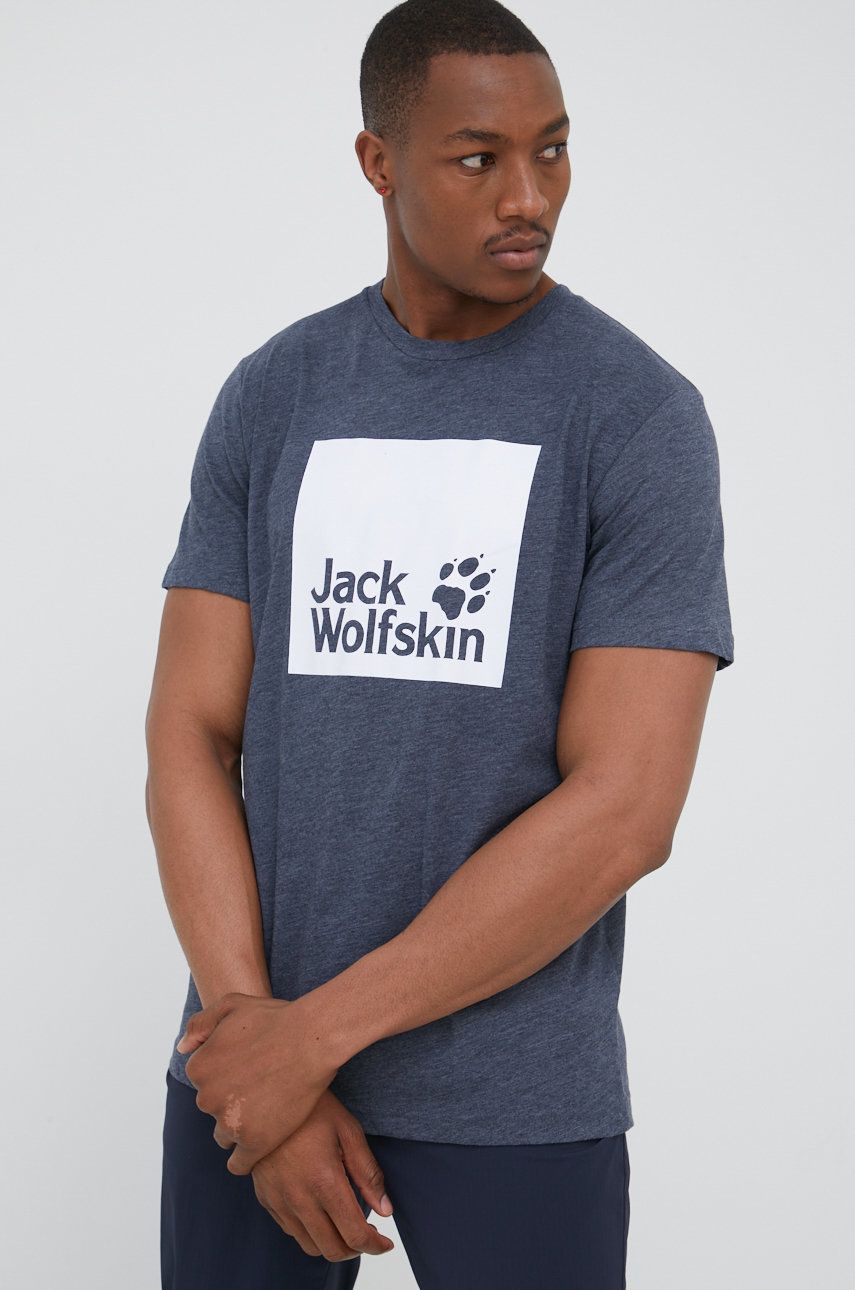Jack Wolfskin tricou barbati, culoarea albastru marin, cu imprimeu albastru imagine noua