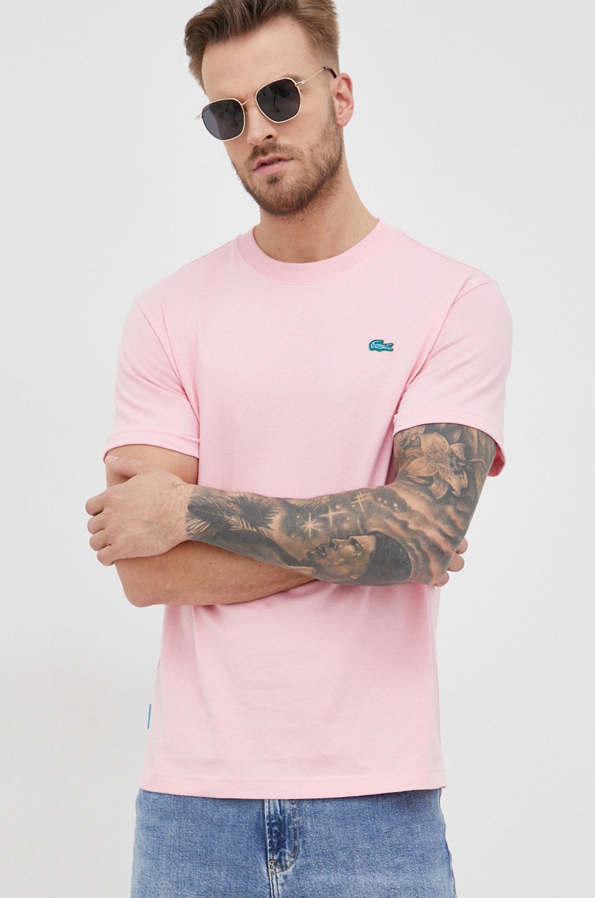 

Памучна тениска Lacoste в розово с изчистен дизайн, Розов
