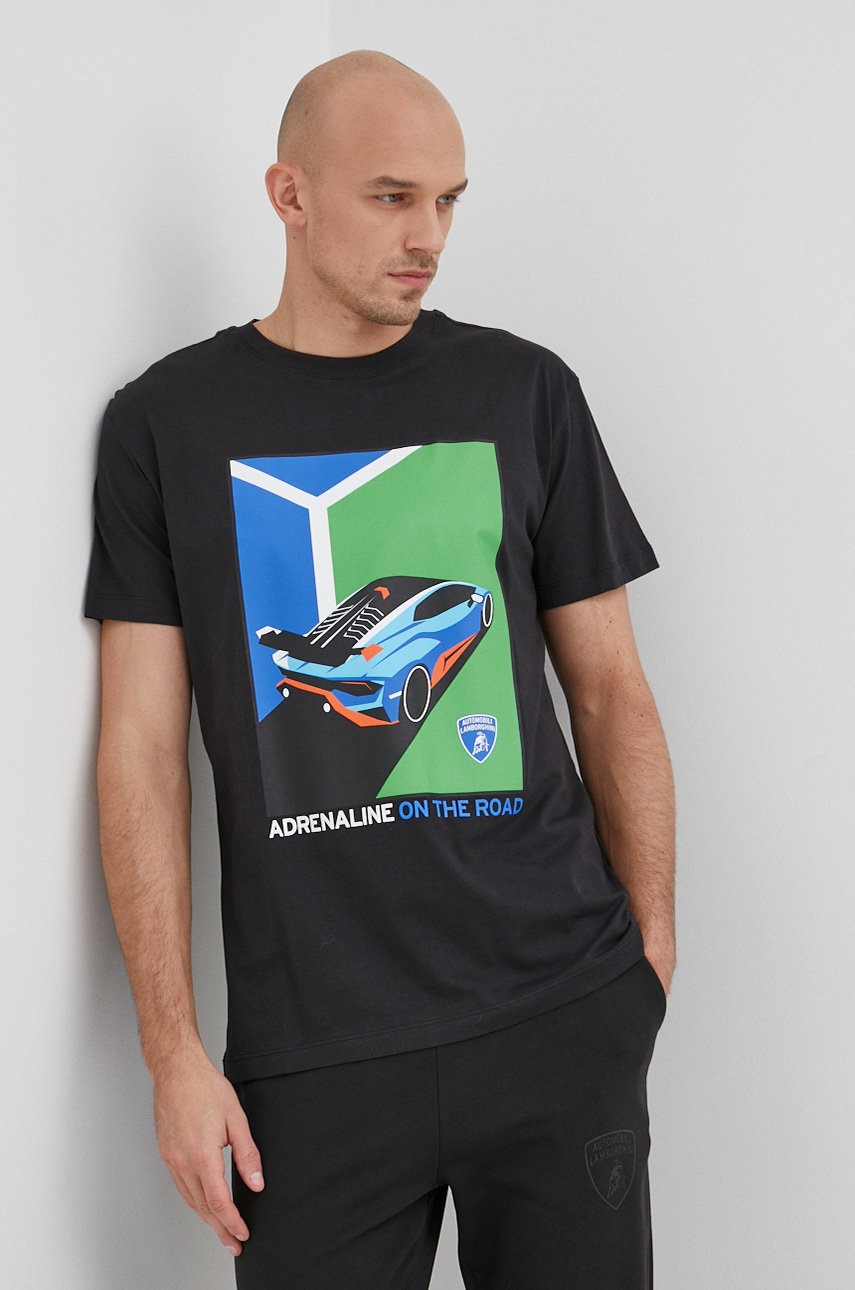 

Памучна тениска Lamborghini в черно с принт, Черен