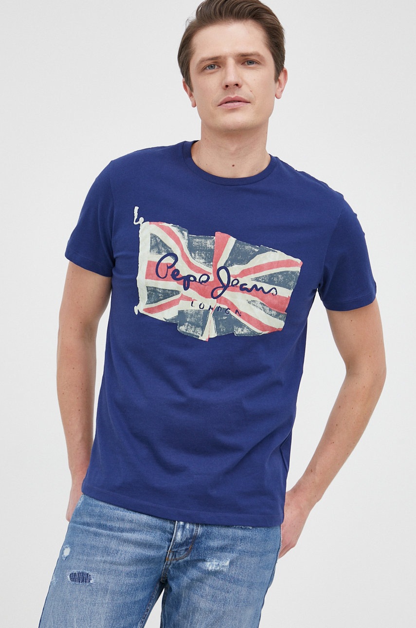 

Бавовняна футболка Pepe Jeans Flag Logo N колір синій з принтом