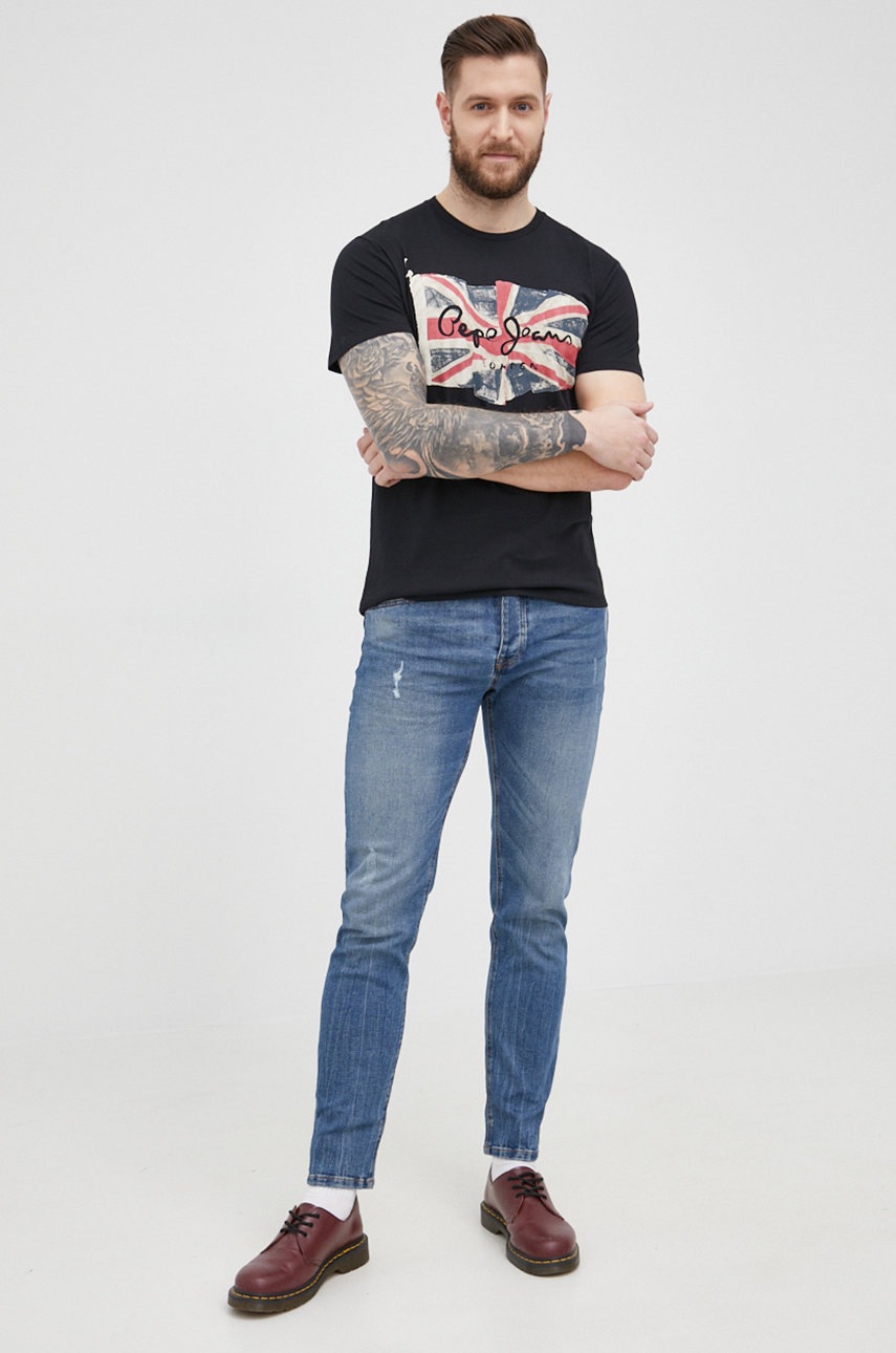 

Бавовняна футболка Pepe Jeans Flag Logo N колір чорний з принтом