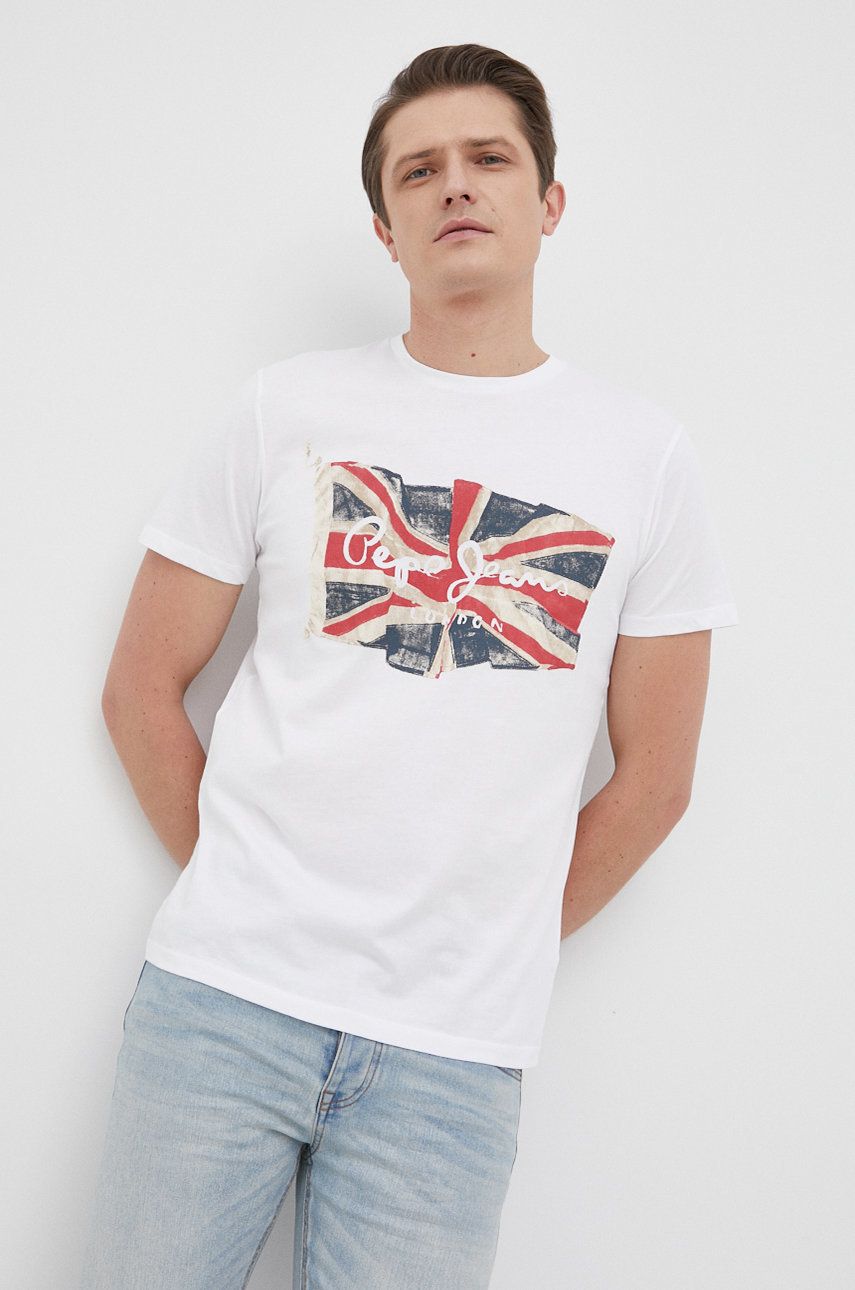 Pepe Jeans tricou din bumbac Flag Logo N culoarea alb, cu imprimeu Alb imagine noua