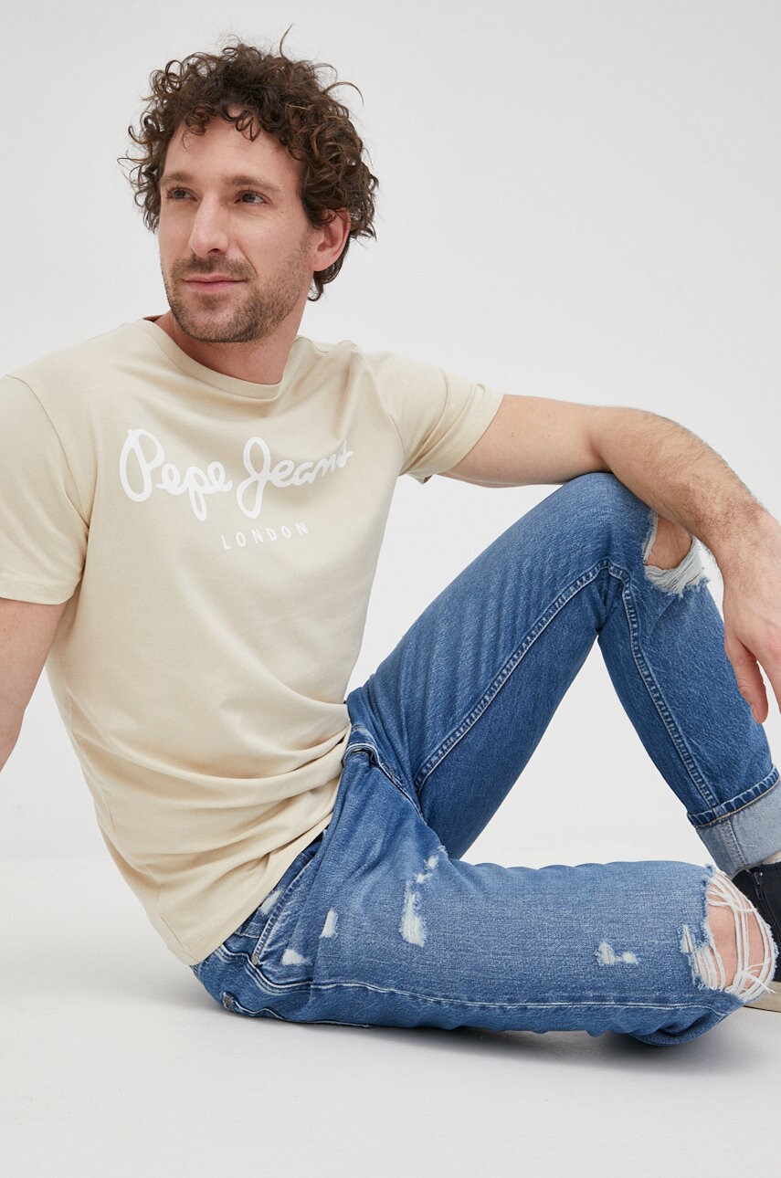 

Тениска Pepe Jeans Original Stretch N мъжка в бежово с принт, Бежов