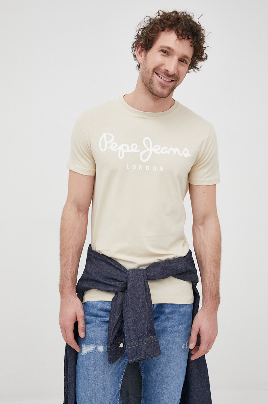 

Футболка Pepe Jeans Original Stretch N мужская цвет бежевый с принтом