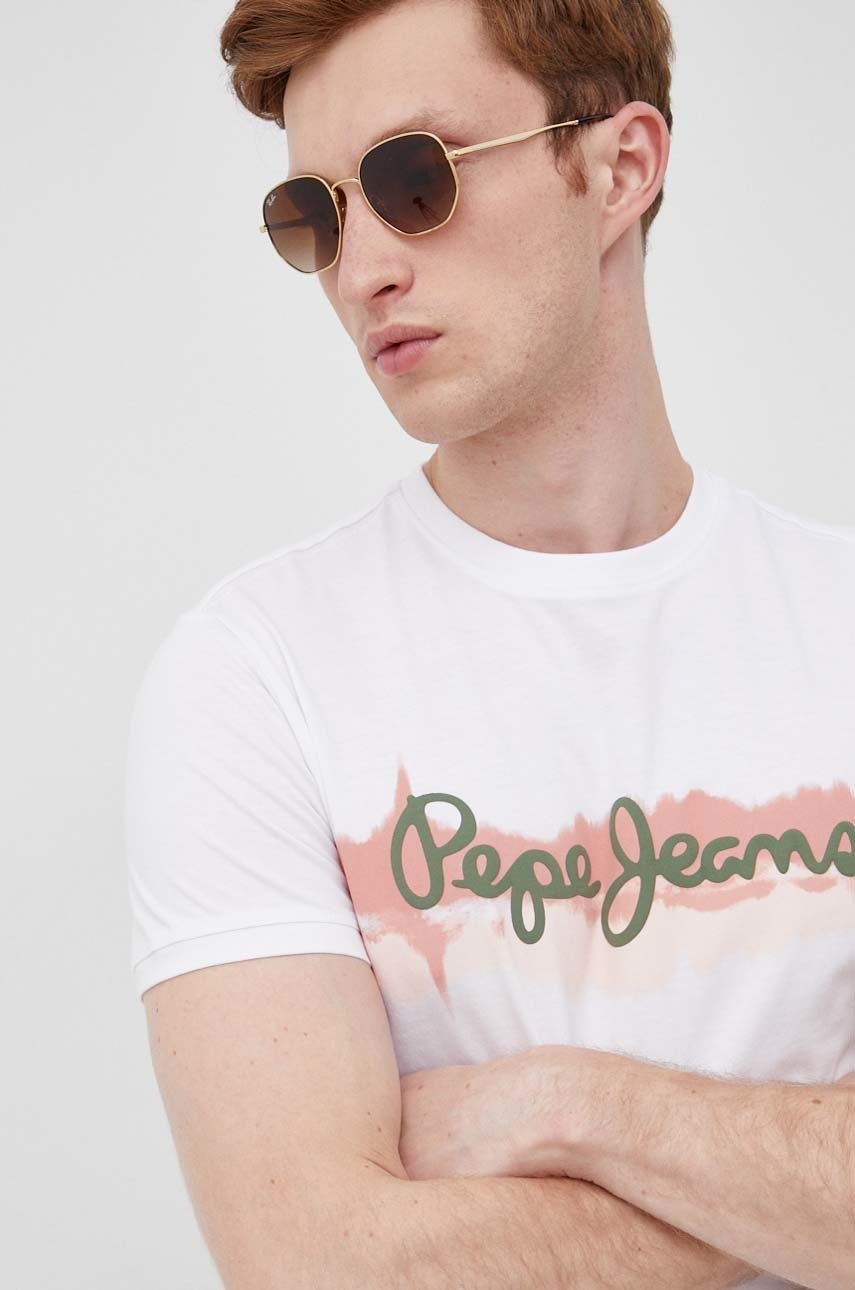 

Памучна тениска Pepe Jeans Akeem в бяло с принт, Бял