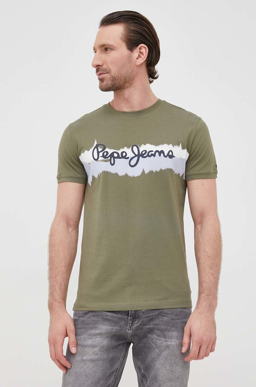 Pepe jeans tricou din bumbac akeem culoarea verde, cu imprimeu