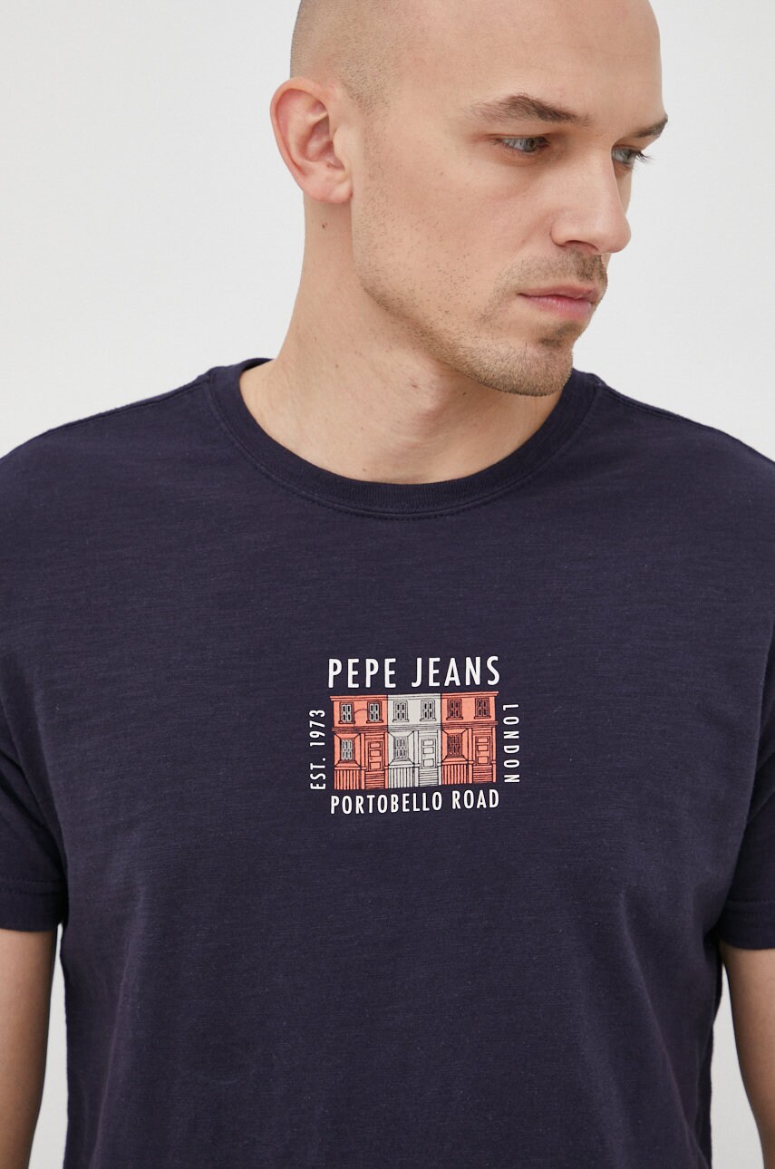 Pepe jeans tricou din bumbac azzo culoarea albastru marin, cu imprimeu