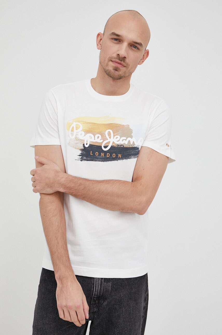 

Памучна тениска Pepe Jeans Aegir в бяло с принт, Бял