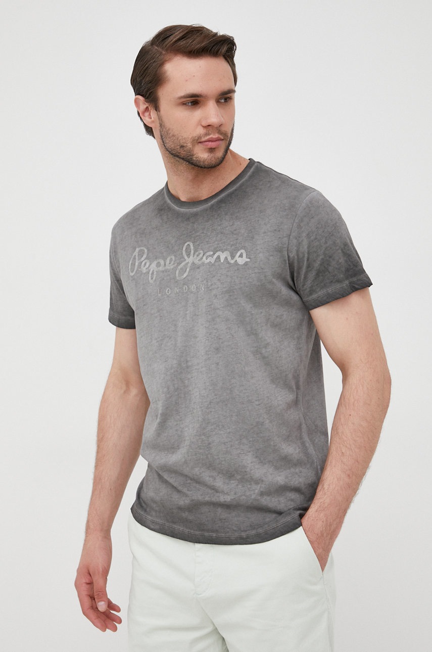 

Памучна тениска Pepe Jeans West Sir New N в сиво с принт, Сив