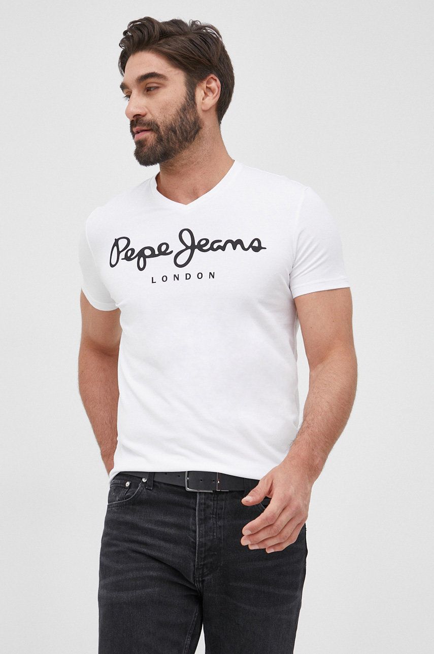 Pepe Jeans t-shirt ORIGINAL STRETCH V N męski kolor biały z nadrukiem