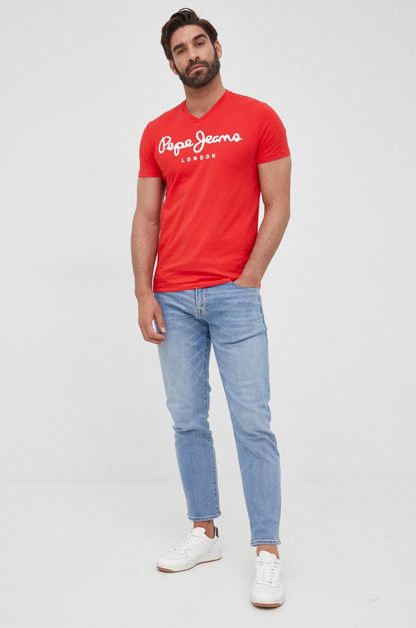 Pepe Jeans t-shirt ORIGINAL STRETCH V N męski kolor czerwony z nadrukiem