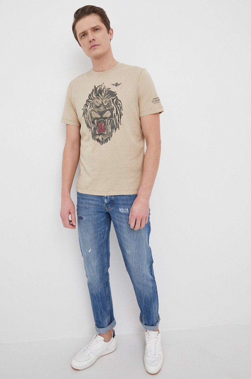 Aeronautica militare tricou din bumbac culoarea bej, cu imprimeu