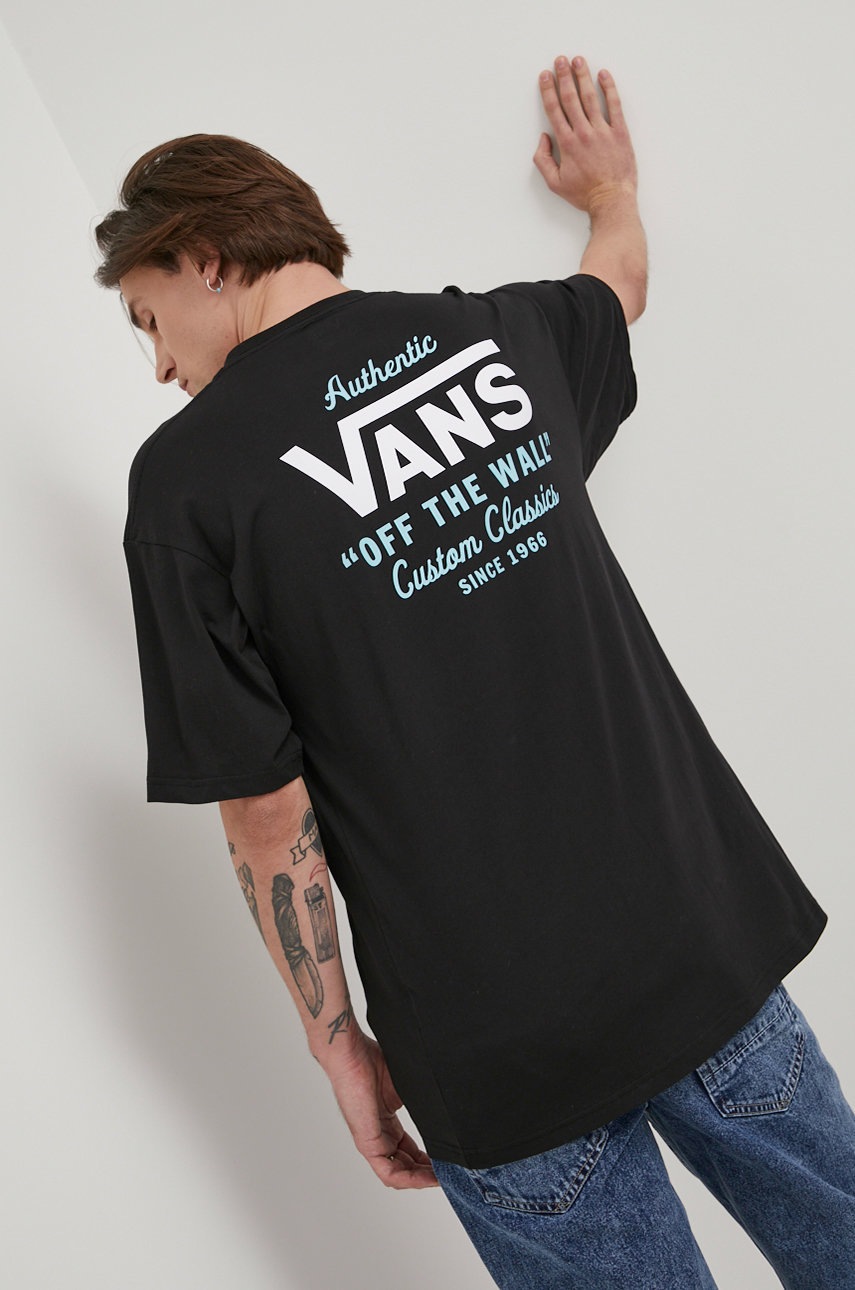 

Памучна тениска Vans в черно с принт, Черен