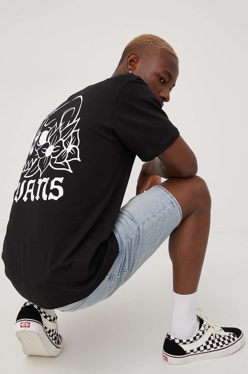 

Памучна тениска Vans в черно с принт, Черен