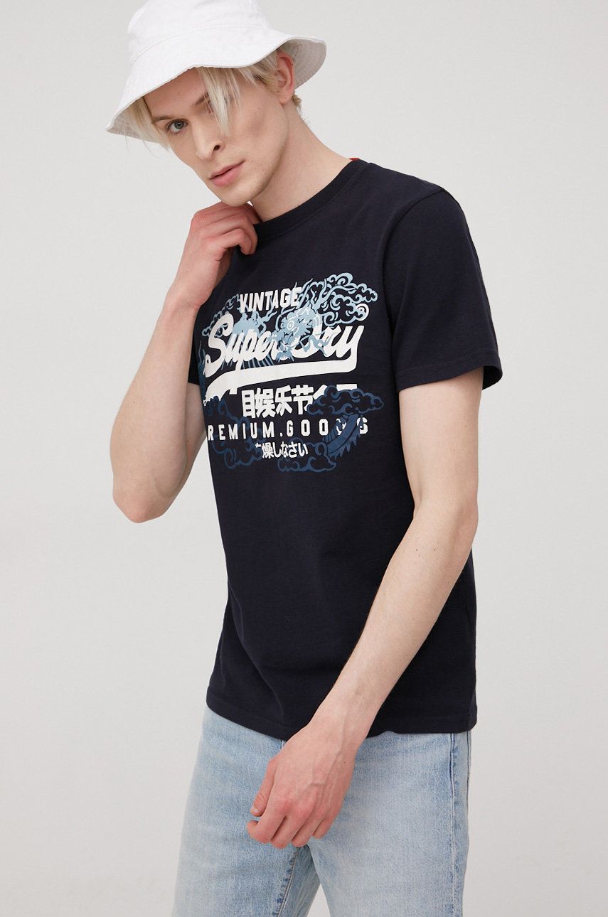 Superdry tricou din bumbac culoarea albastru marin, cu imprimeu