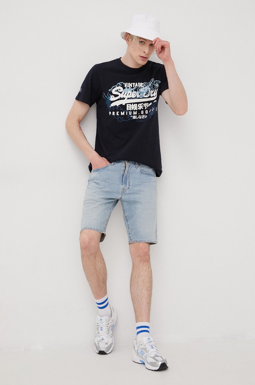 

Хлопковая футболка Superdry цвет синий с принтом