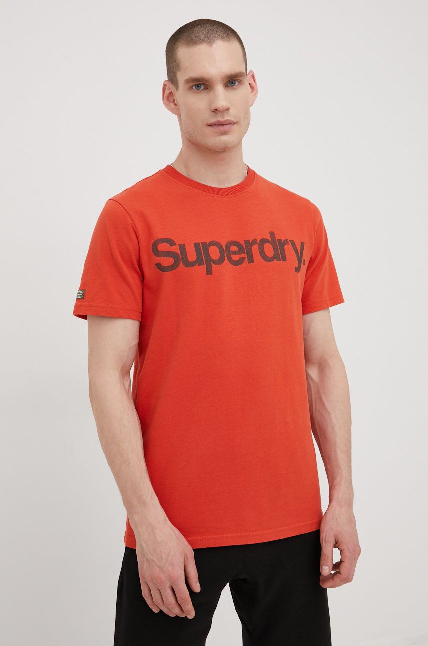 Superdry tricou din bumbac culoarea portocaliu, cu imprimeu
