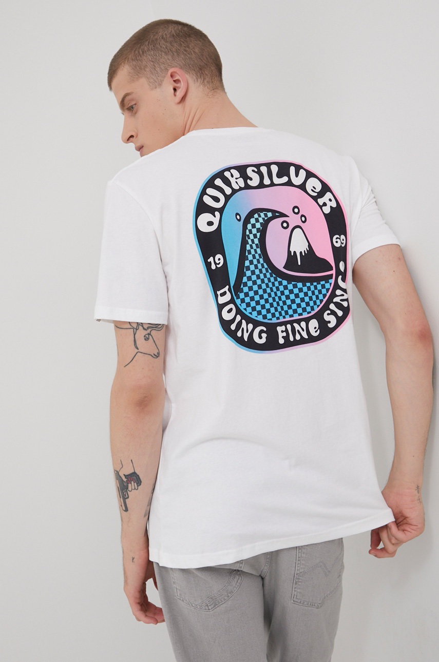 

Памучна тениска Quiksilver в бяло с принт, Бял