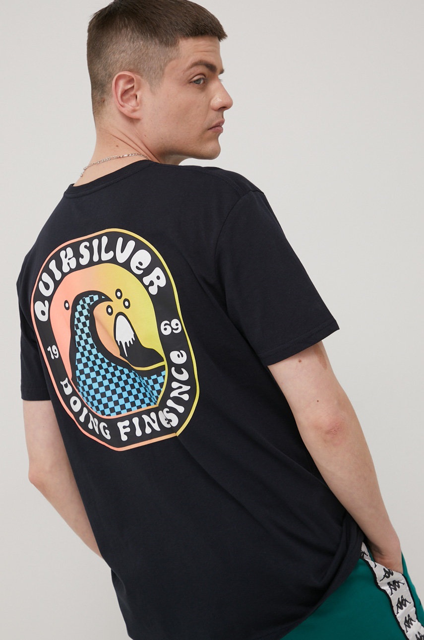 

Памучна тениска Quiksilver в черно с принт, Черен