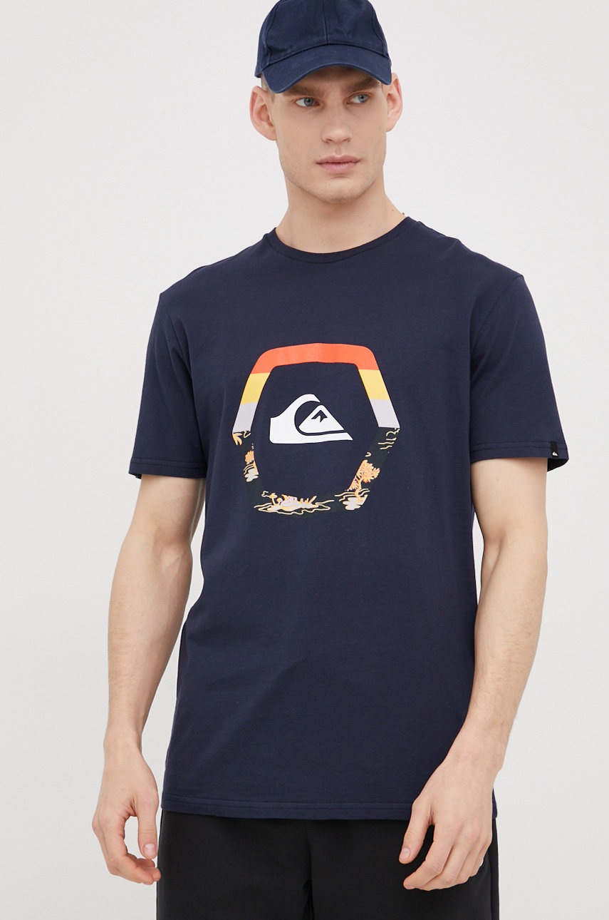 

Памучна тениска Quiksilver в тъмносиньо с принт, Тъмносин