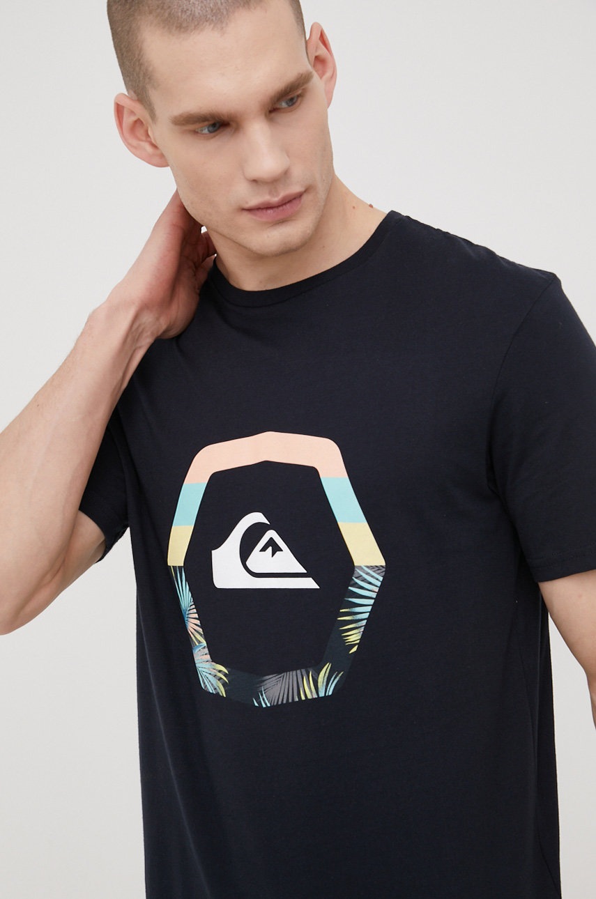 

Памучна тениска Quiksilver в черно с принт, Черен