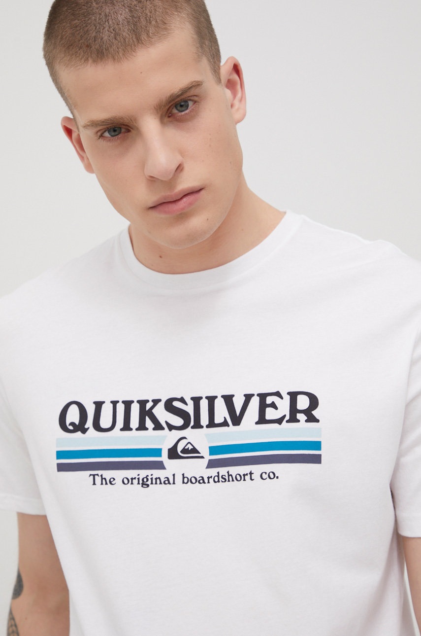 

Памучна тениска Quiksilver в бяло с принт, Бял