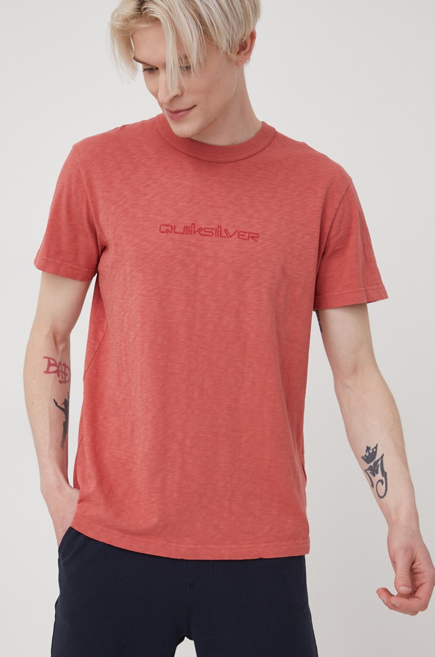 

Памучна тениска Quiksilver в оранжево с принт, Оранжев