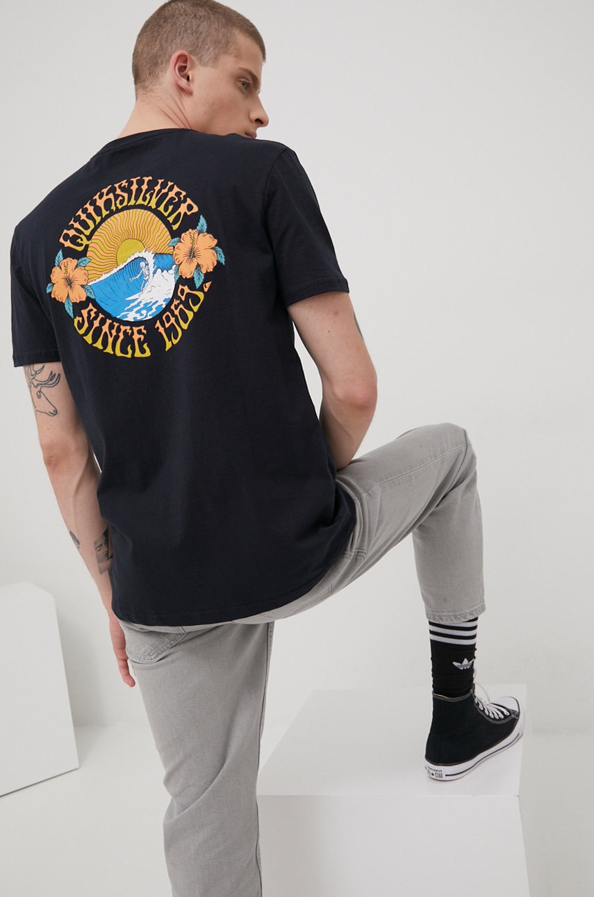 

Памучна тениска Quiksilver в тъмносиньо с принт, Тъмносин